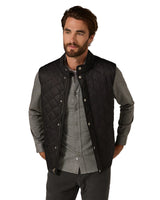 Men's black quilted vest layered over gray shirt – modern water-repellent outerwear from The Simple Man
