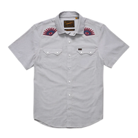 Howler Bros. Crosscut Deluxe snap shirt in the High Times design, light grey color, flat lay view