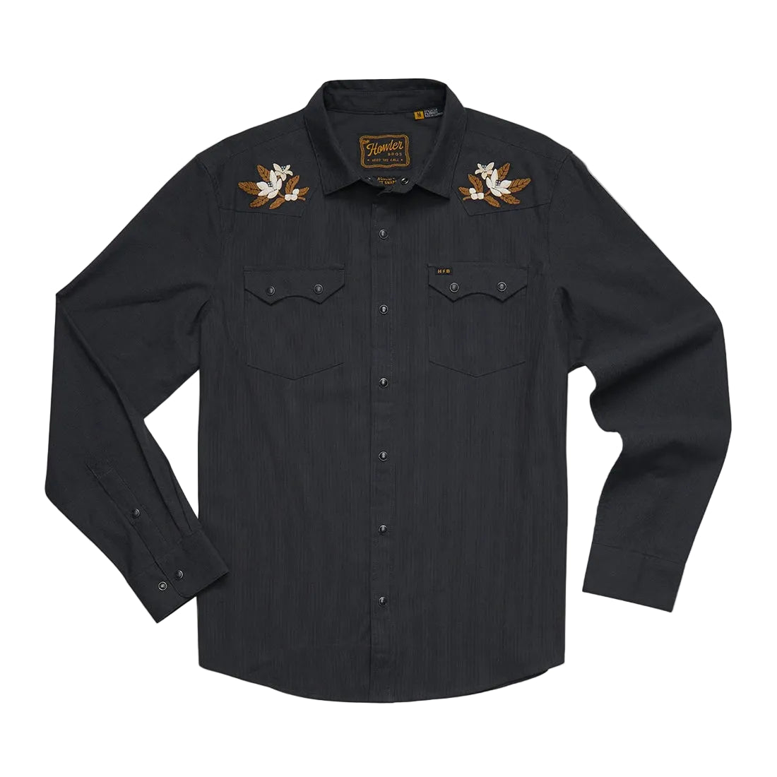 Orange Blossoms Crosscut Deluxe Longsleeve laid flat, black western snap shirt with embroidered floral shoulder detail, front view -- The Simple Man