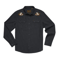 Orange Blossoms Crosscut Deluxe Longsleeve laid flat, black western snap shirt with embroidered floral shoulder detail, front view -- The Simple Man