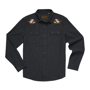 Orange Blossoms Crosscut Deluxe Longsleeve laid flat, black western snap shirt with embroidered floral shoulder detail, front view -- The Simple Man