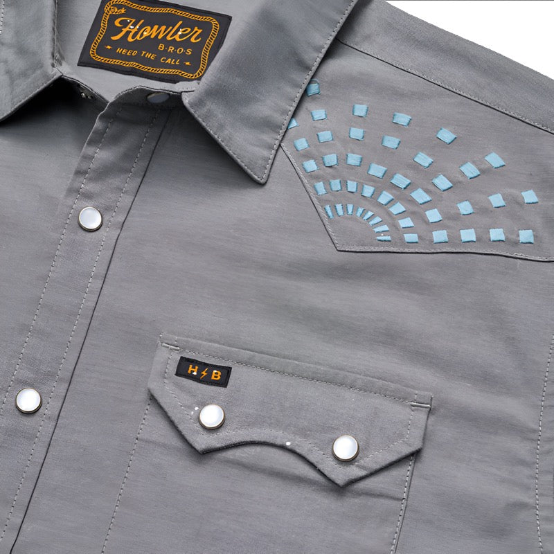 Howler Brothers Crosscut Deluxe shirt with Beams Embroidery Pattern, Blue spruce Color, flat lay up close pattern  view