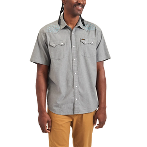 Model Wearing Howler Brothers Crosscut Deluxe shirt with Beams Embroidery Pattern, Blue spruce Color, front view