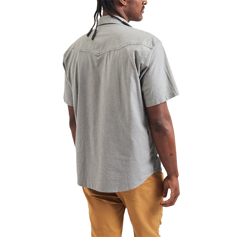 Model Wearing Howler Brothers Crosscut Deluxe shirt with Beams Embroidery Pattern, Blue spruce Color, rear view