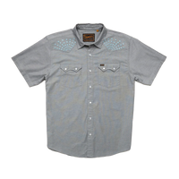 Howler Brothers Crosscut Deluxe shirt with Beams Embroidery Pattern, Blue spruce Color, flat lay view