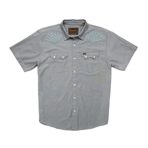 Howler Brothers Crosscut Deluxe shirt with Beams Embroidery Pattern, Blue spruce Color, flat lay view