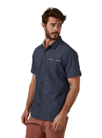 Model Wearing 7 Diamonds Cube Short Sleeve shirt in Navy. front view