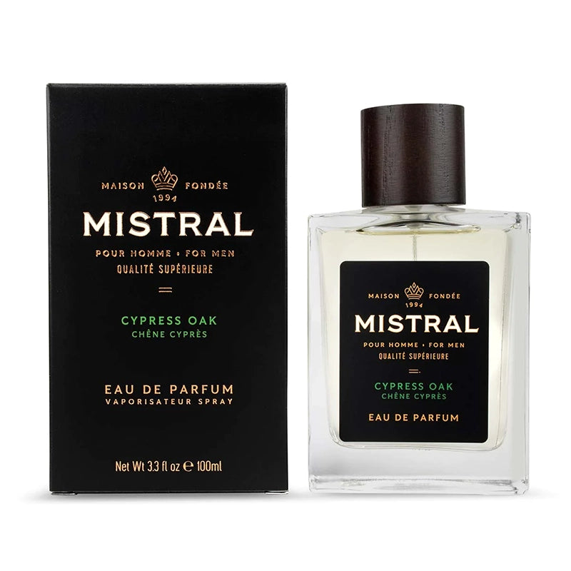Mistral Cypress Oak Cologne in bottle with packaging box