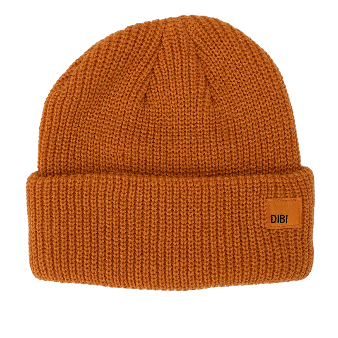 Burnt orange ribbed knit fisherman beanie with a wide folded cuff and a small woven label on a white background - The Simple Man