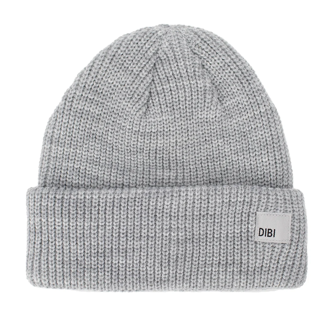 Heather grey ribbed knit fisherman beanie with a wide folded cuff and a small woven label on a white background - The Simple Man