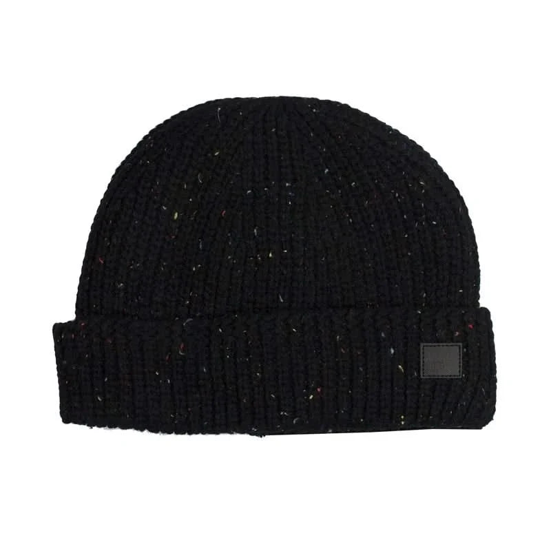 Black Donegal cable knit beanie with flecked yarn and a fleece lining on a white background - The Simple Man