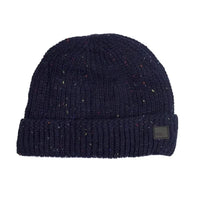 Navy Donegal cable knit beanie with flecked yarn and a fleece lining on a white background - The Simple Man