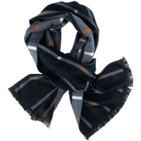 Plaid scarf with black, gray, and orange pattern on a white background