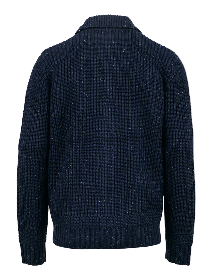 Back of navy Schott Bros shawl collar cardigan in ribbed Donegal-style wool knit
