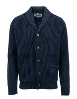 Front-facing view of navy wool Donegal-style cardigan with button closure and patch pockets