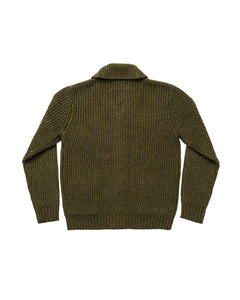 Back view of Schott olive shawl collar cardigan in ribbed Donegal-style knit
