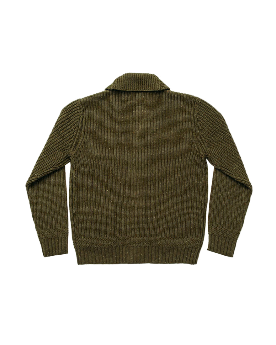 Back view of Schott olive shawl collar cardigan in ribbed Donegal-style knit