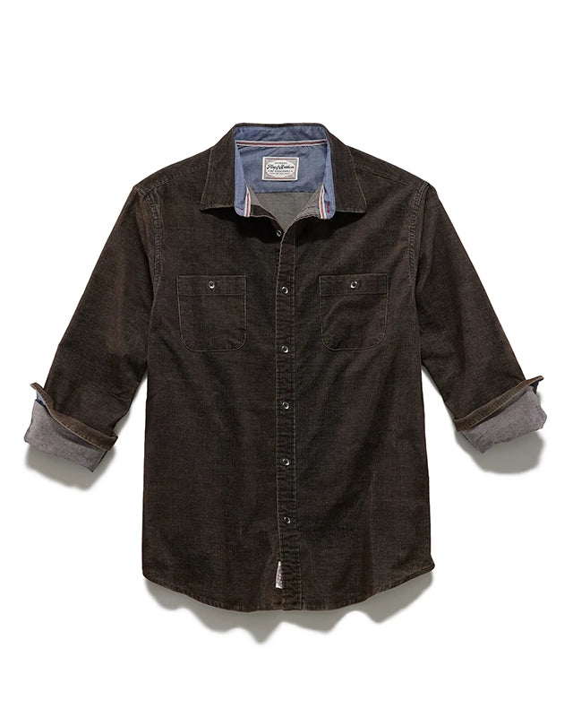 Flag and Anthem durham stretch corduroy shirt in brown, flat lay view