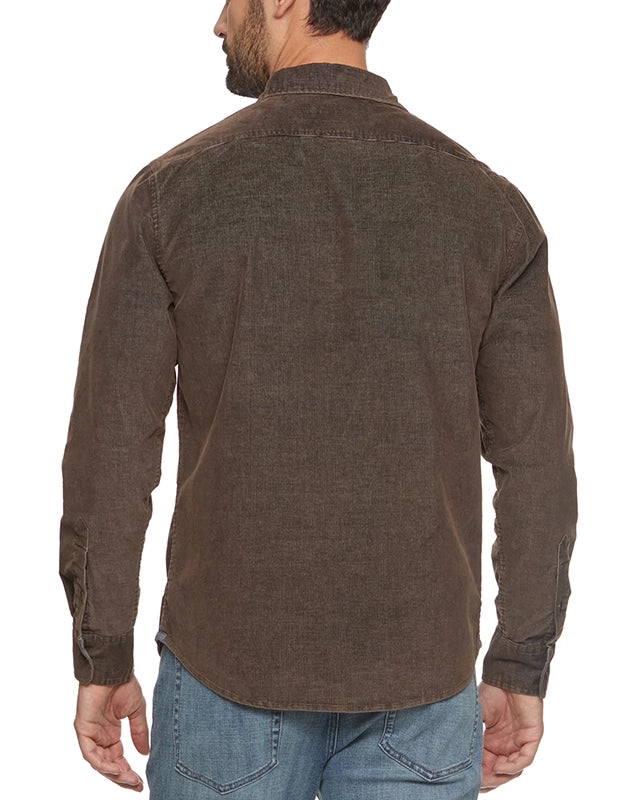 Flag and Anthem durham stretch corduroy shirt in brown, rear view