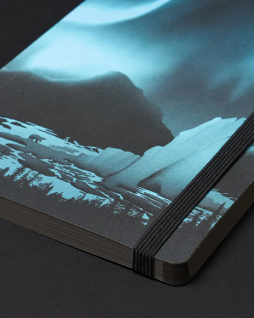 Close-up of Arctic Ice A5 notebook corner showing aurora cover design and elastic strap