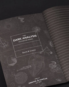 Dark Analysis notebook interior title page with lined black paper and scientific illustrations