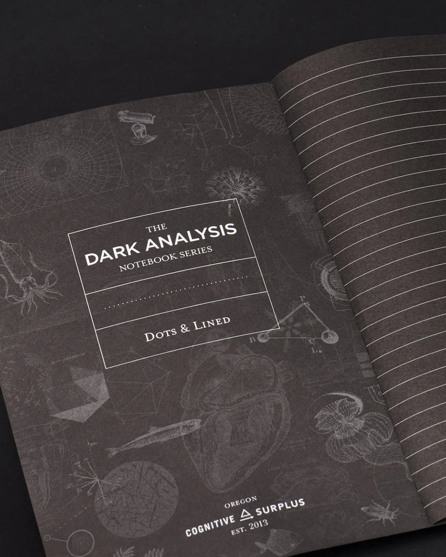 Dark Analysis notebook interior title page with lined black paper and scientific illustrations