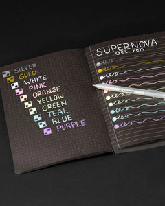 Arctic Ice Dark Analysis A5 black paper notebook with metallic gel pen writing sample on dotted pages