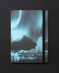 Front cover of Arctic Ice Dark Analysis A5 softcover notebook with aurora and mountain illustration