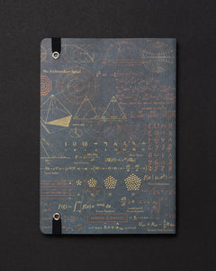 Back cover of Equations That Changed the World A5 notebook featuring intricate gold math illustrations on dark cover – from The Simple Man