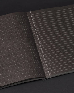 Interior pages of A5 black paper notebook with alternating dotted and lined layouts for notes or journaling – Equations That Changed the World notebook