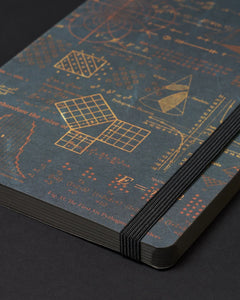Close-up of softcover Equations That Changed the World notebook showing mathematical designs in copper ink and black elastic strap – The Simple Man