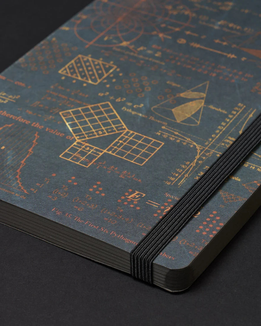 Close-up of softcover Equations That Changed the World notebook showing mathematical designs in copper ink and black elastic strap – The Simple Man
