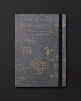 Front cover of Equations That Changed the World A5 notebook with copper math equations and secure black elastic band – The Simple Man