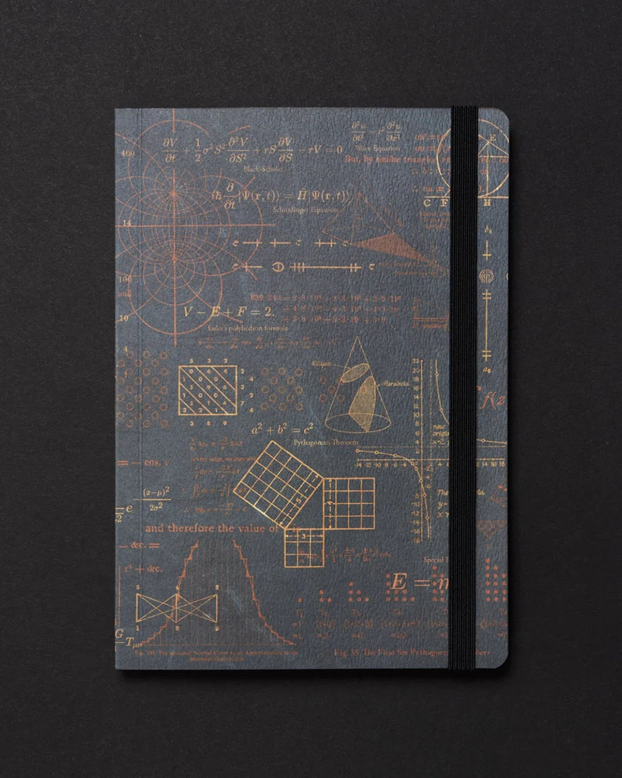 Front cover of Equations That Changed the World A5 notebook with copper math equations and secure black elastic band – The Simple Man
