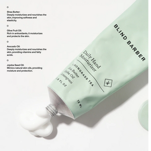 Blind Barber Daily Hand Moisturizer tube with cream, shea butter and jojoba seed oil detail, The Simple Man