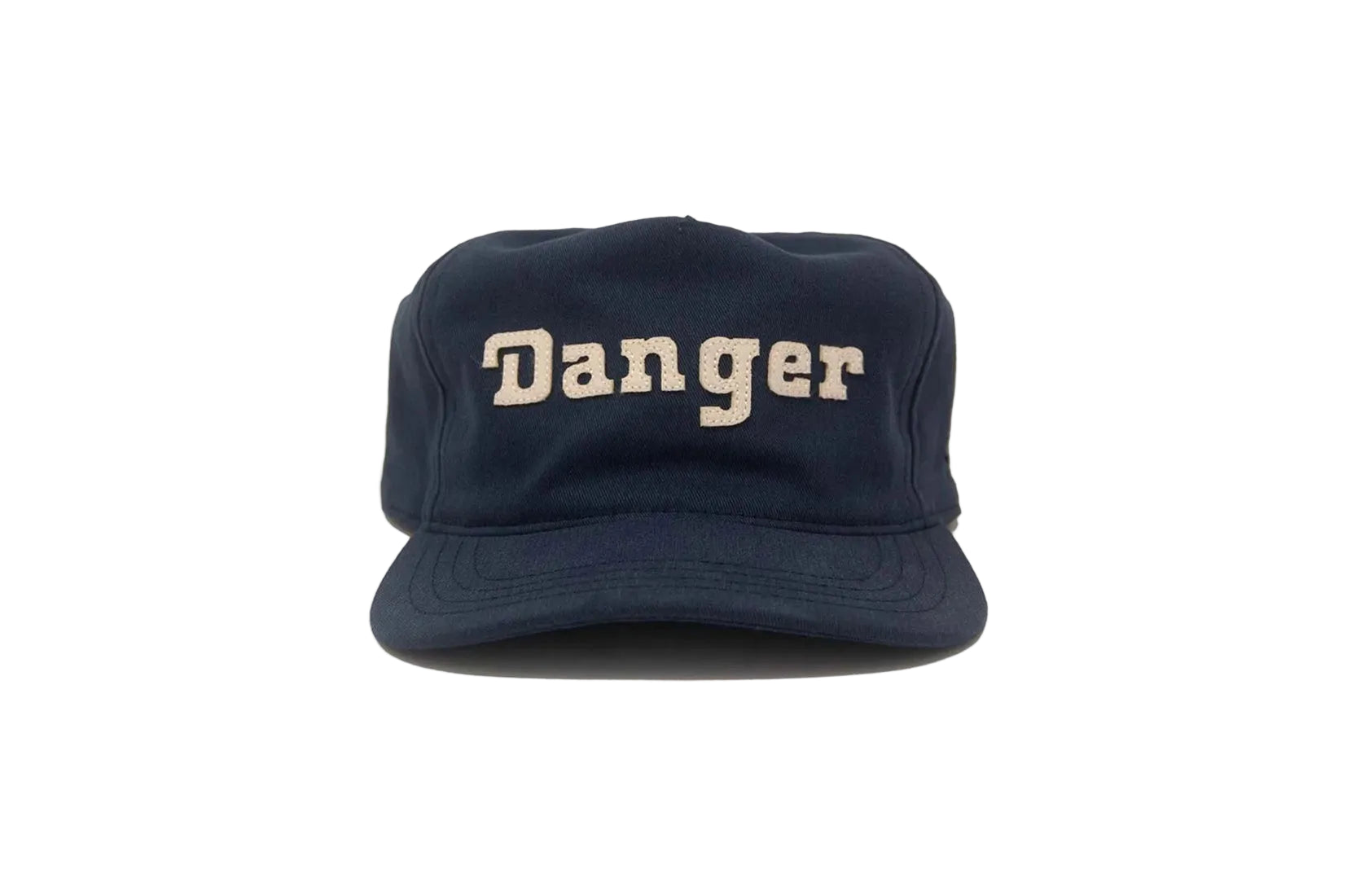 Front view of navy Danger snapback hat unstructured cotton crown
