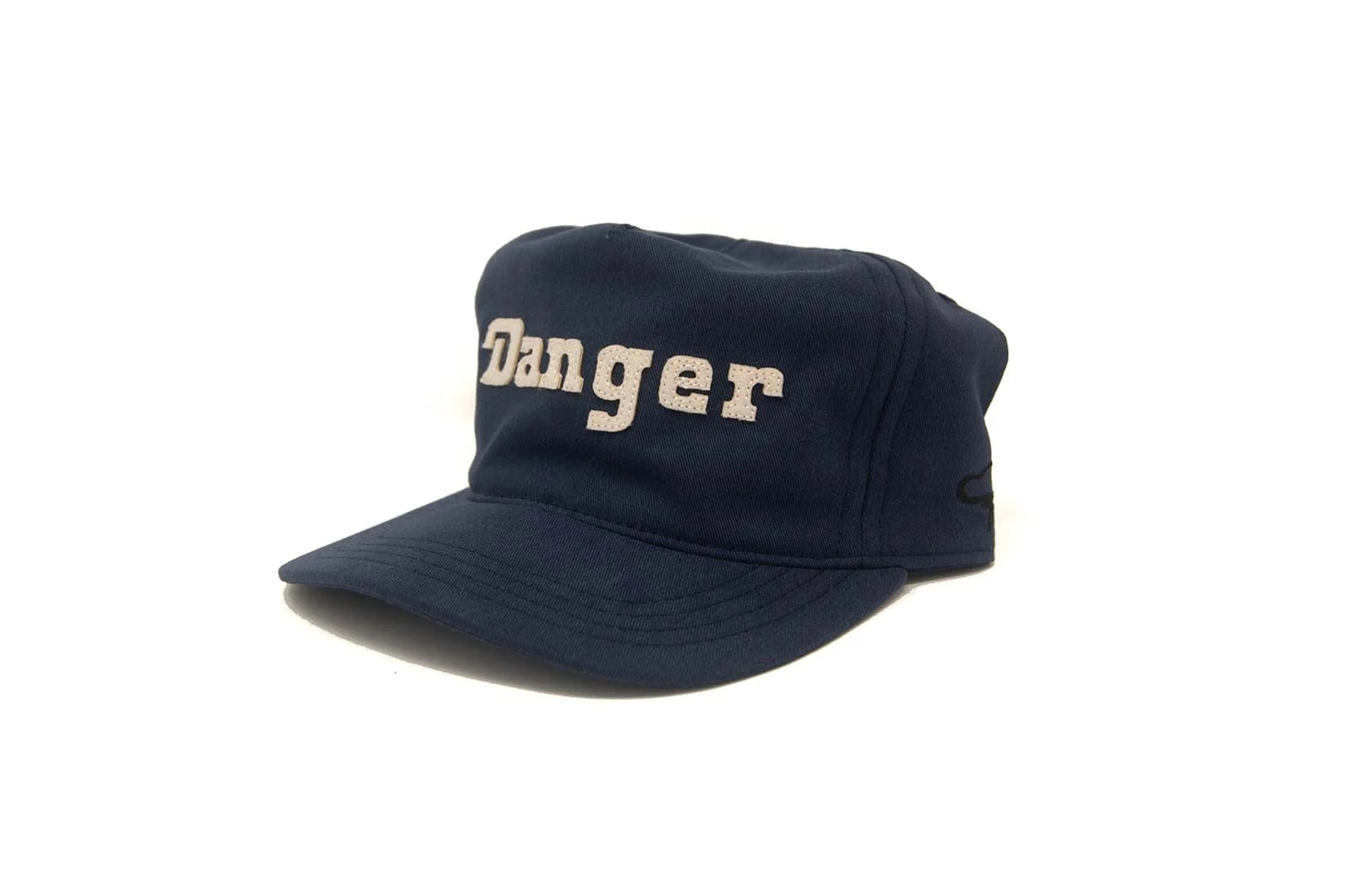Navy Danger snapback hat with applique lettering made in USA front angle