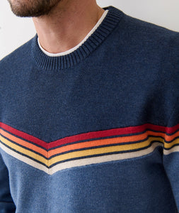 Close-up of Dean Crew Sweater navy chevron stripe knit in organic cotton blend – The Simple Man