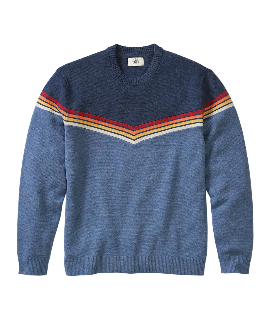 Dean Crew Sweater navy chevron stripe flat lay – sustainable organic cotton and recycled polyester knit