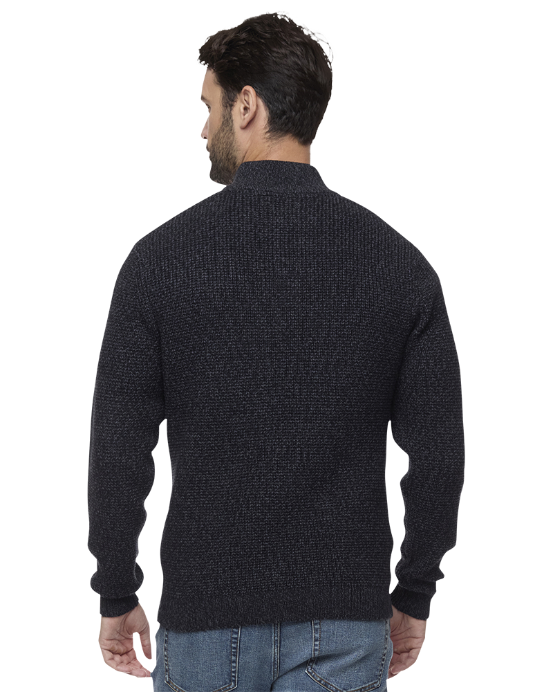 ack view of Denver Cooling Mock Neck Sweater on male model – tailored fit charcoal sweater for men, from The Simple Man in Omaha