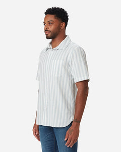 Model Wearing Ace Rivington Diamond Stripe Short Sleeved Shirt in white/light blue color, Front View