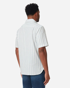 model Wearing Ace Rivington Diamond Stripe Short Sleeved Shirt in white/light blue color, rear View