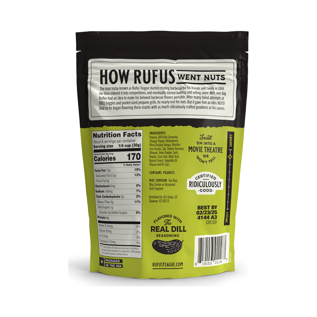 Back of the 9oz Dill Pickle peanuts pouch showing ingredients and nutrition facts
