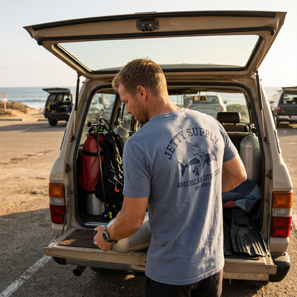 Division Tee Fog lifestyle – Jetty Supply American Dive Div back graphic worn at beach with dive gear – The Simple Man