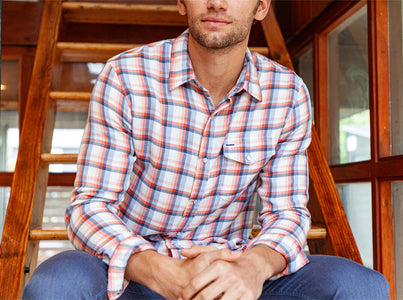 Close-up of men’s pearl snap flannel shirt chest and collar detail