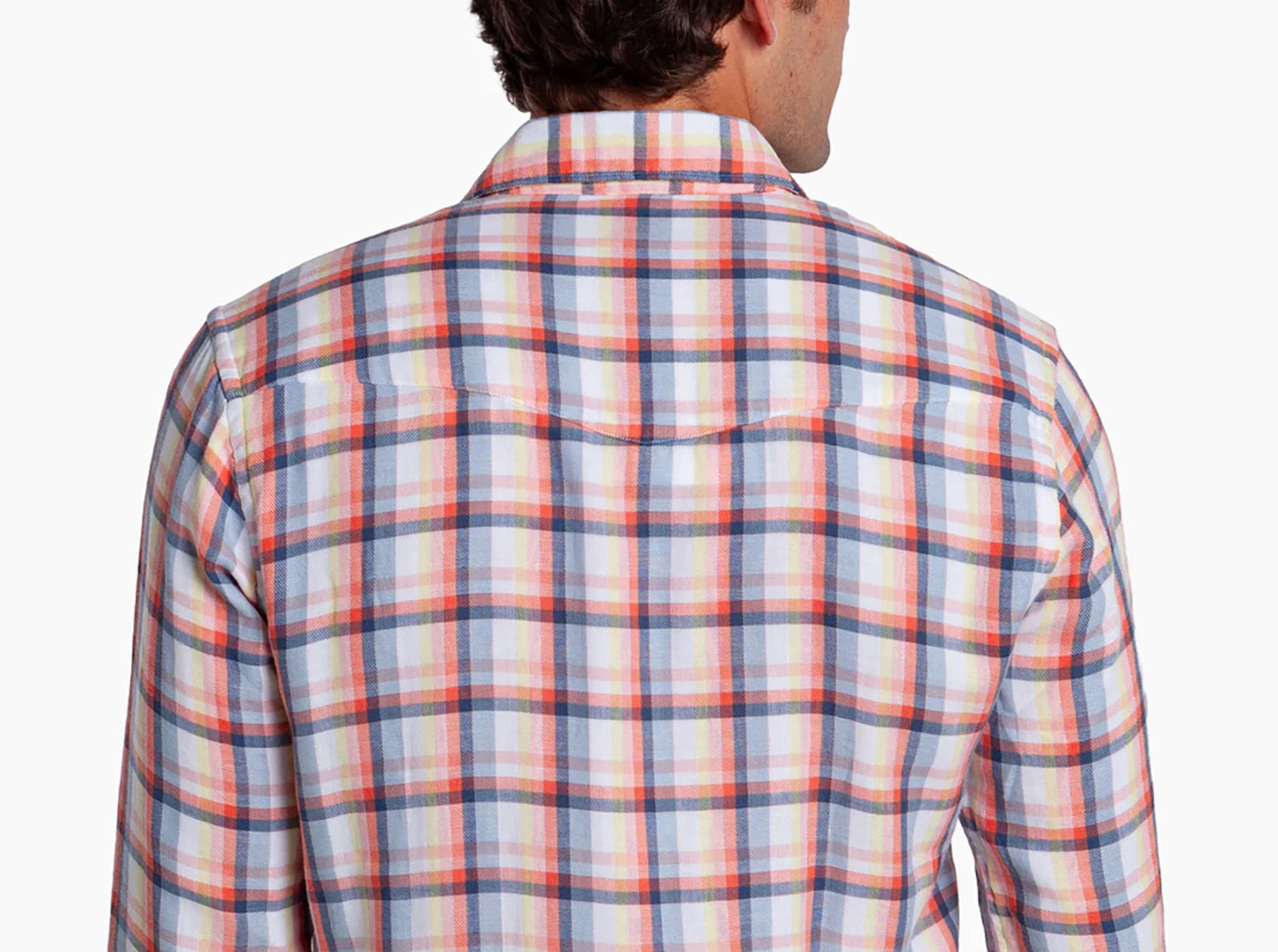 Back view of men’s plaid pearl snap flannel with western yoke