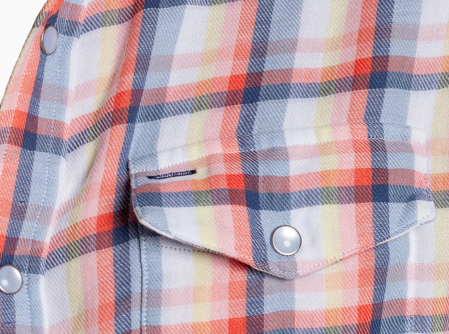 Detail of cotton double cloth flannel pocket and pearl snap closure