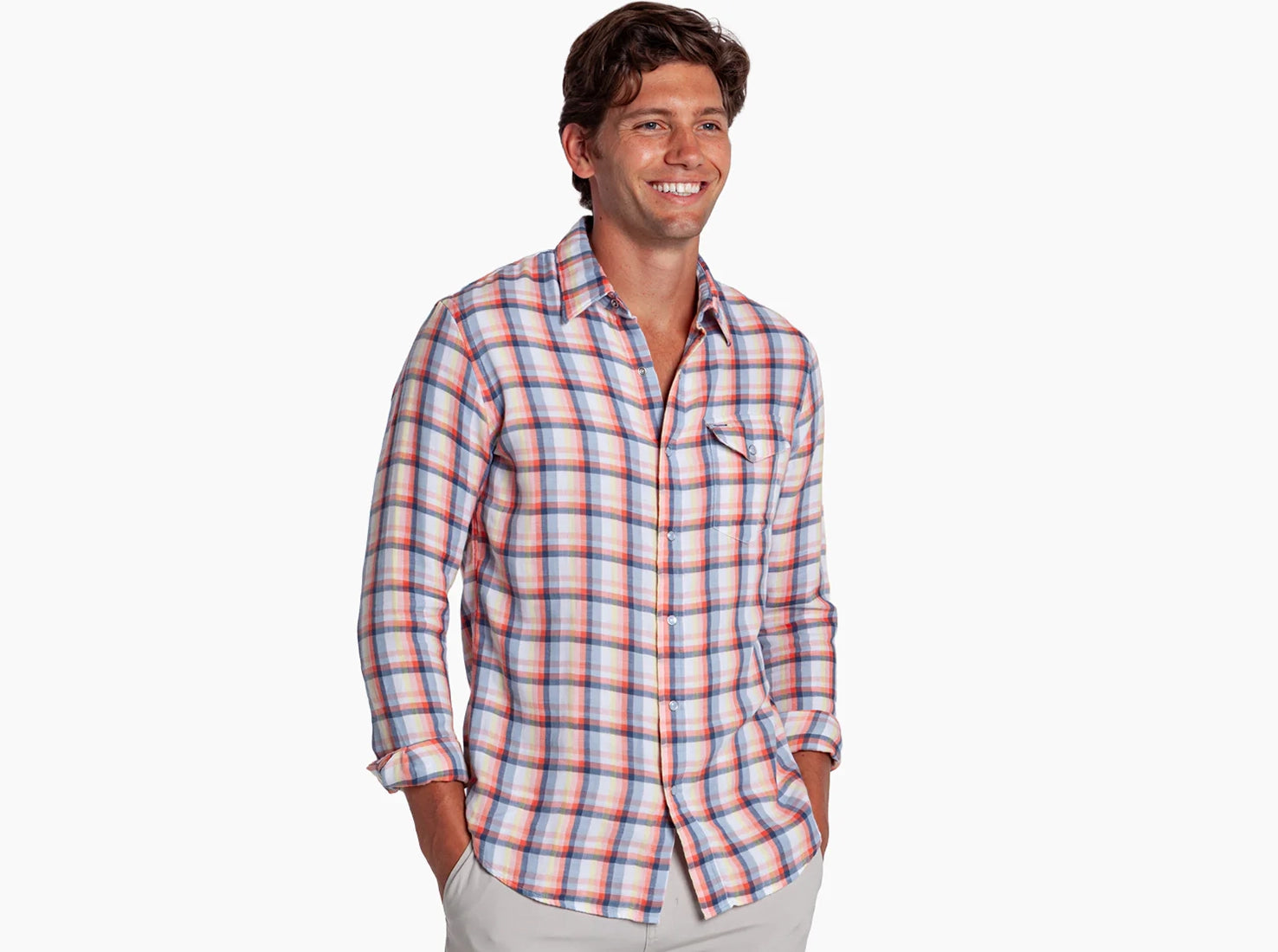 Men’s peach multi plaid pearl snap flannel shirt front view