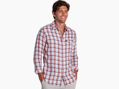 Men’s peach multi plaid pearl snap flannel shirt front view