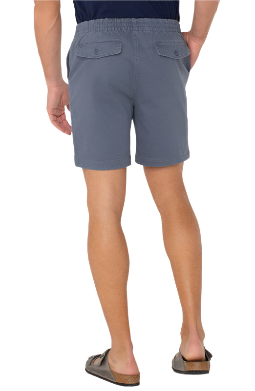 Model Wearing drawstring shorts in vintage indigo color, rear  view